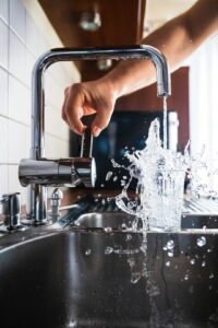 Person using a wrench to repair a bathroom faucet with tools and small parts on the sink edge.