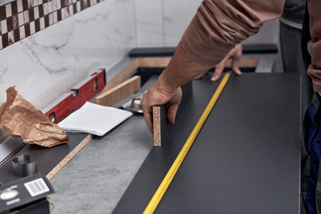 A person's hands securing a creaky wood floorboard with screws and a screwdriver in a residential hallway.